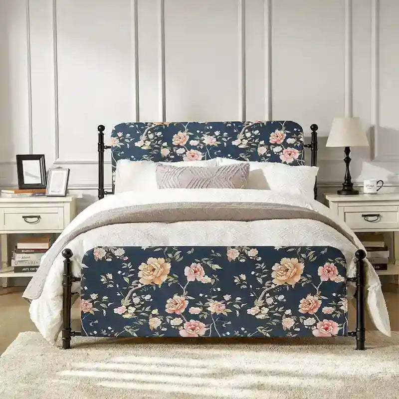 Lit plateforme en métal Diana Transitional 62 à motif floral, avec housse lavable, par HULALA HOME