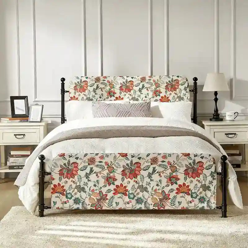 Lit plateforme en métal Diana Transitional 62 à motif floral, avec housse lavable, par HULALA HOME