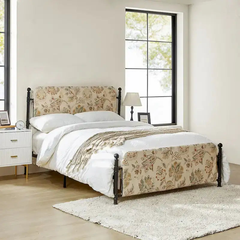 Lit plateforme en métal Diana Transitional 62 à motif floral, avec housse lavable, par HULALA HOME