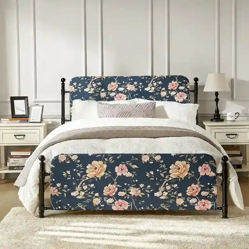 Lit plateforme en métal Diana Transitional 62 à motif floral, avec housse lavable, par HULALA HOME