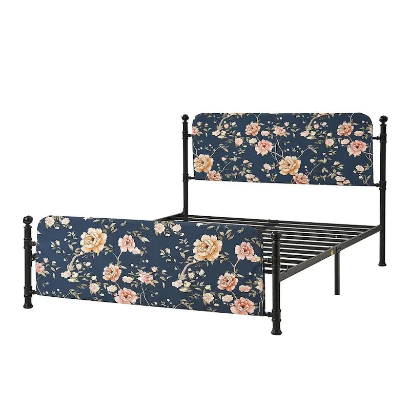 Lit plateforme en métal Diana Transitional 62 à motif floral, avec housse lavable, par HULALA HOME