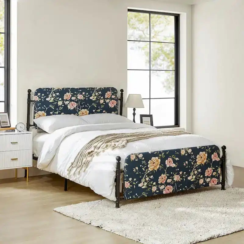 Lit plateforme en métal Diana Transitional 62 à motif floral, avec housse lavable, par HULALA HOME