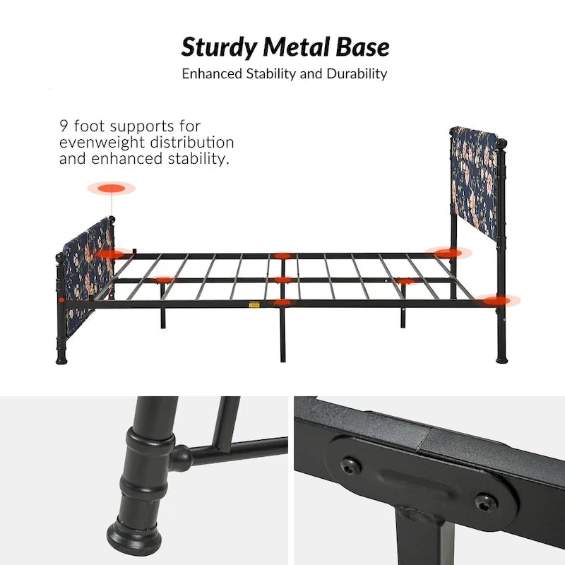 Lit plateforme en métal Diana Transitional 62 à motif floral, avec housse lavable, par HULALA HOME