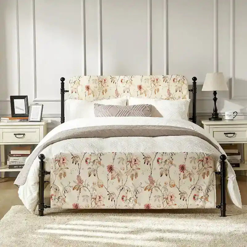 Lit plateforme en métal Diana Transitional 62 à motif floral, avec housse lavable, par HULALA HOME