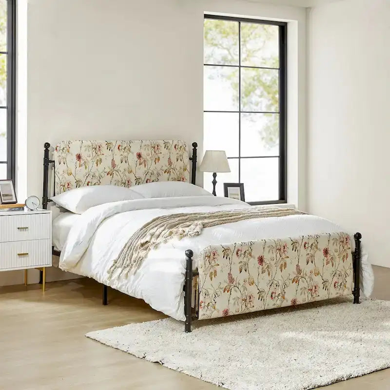 Lit plateforme en métal Diana Transitional 62 à motif floral, avec housse lavable, par HULALA HOME