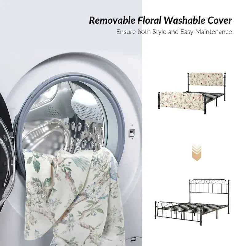 Lit plateforme en métal Diana Transitional 62 à motif floral, avec housse lavable, par HULALA HOME