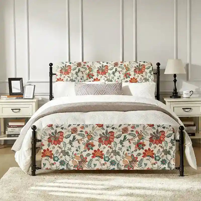 Lit plateforme en métal Diana Transitional 62 à motif floral, avec housse lavable, par HULALA HOME