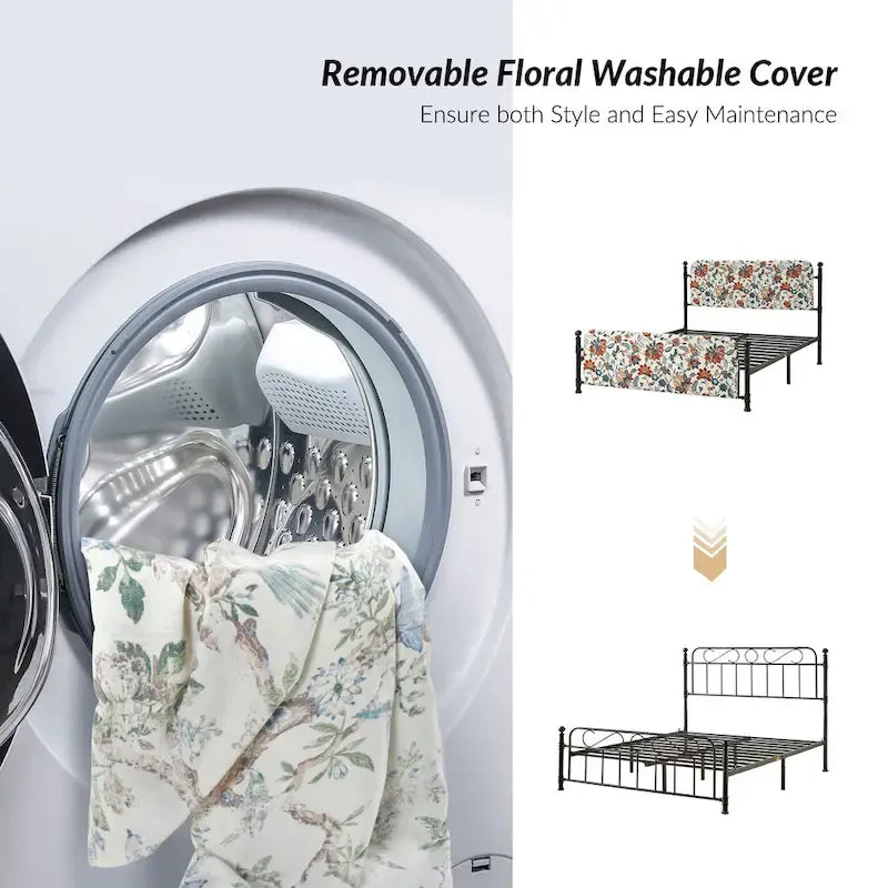 Lit plateforme en métal Diana Transitional 62 à motif floral, avec housse lavable, par HULALA HOME