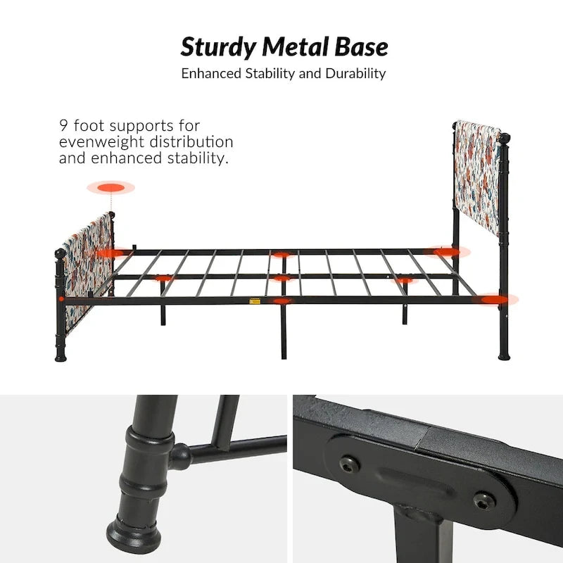 Lit plateforme en métal Diana Transitional 62 à motif floral, avec housse lavable, par HULALA HOME