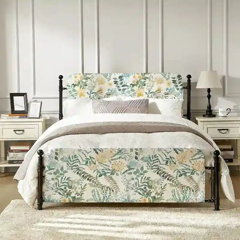 Lit plateforme en métal Diana Transitional 62 à motif floral, avec housse lavable, par HULALA HOME