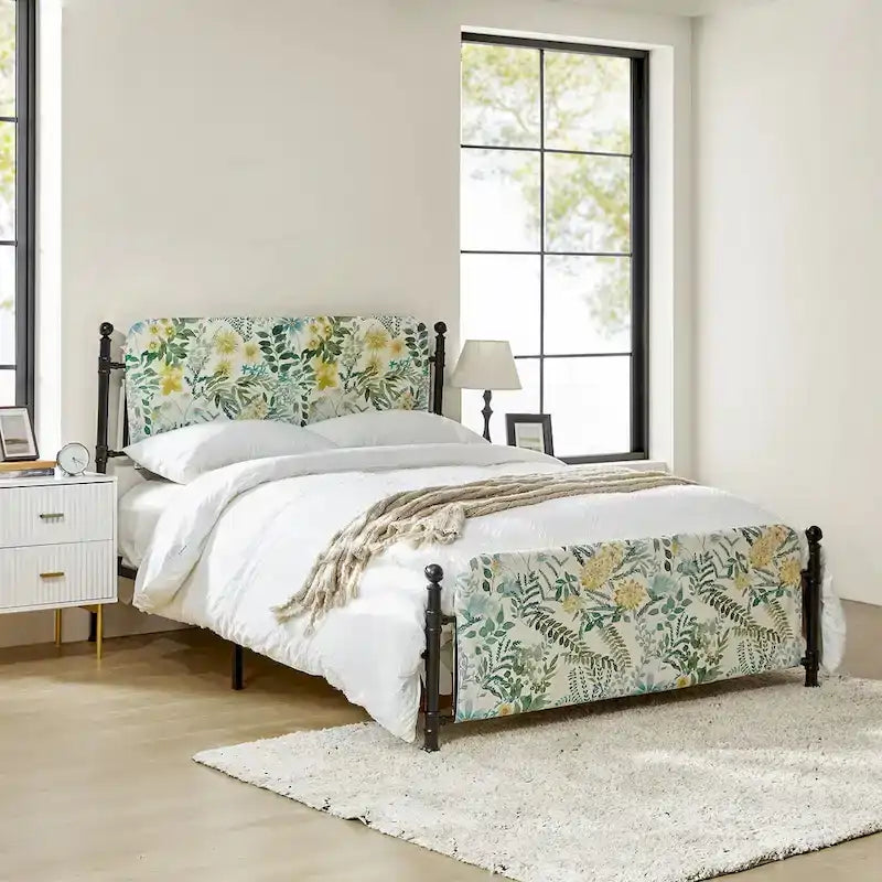 Lit plateforme en métal Diana Transitional 62 à motif floral, avec housse lavable, par HULALA HOME