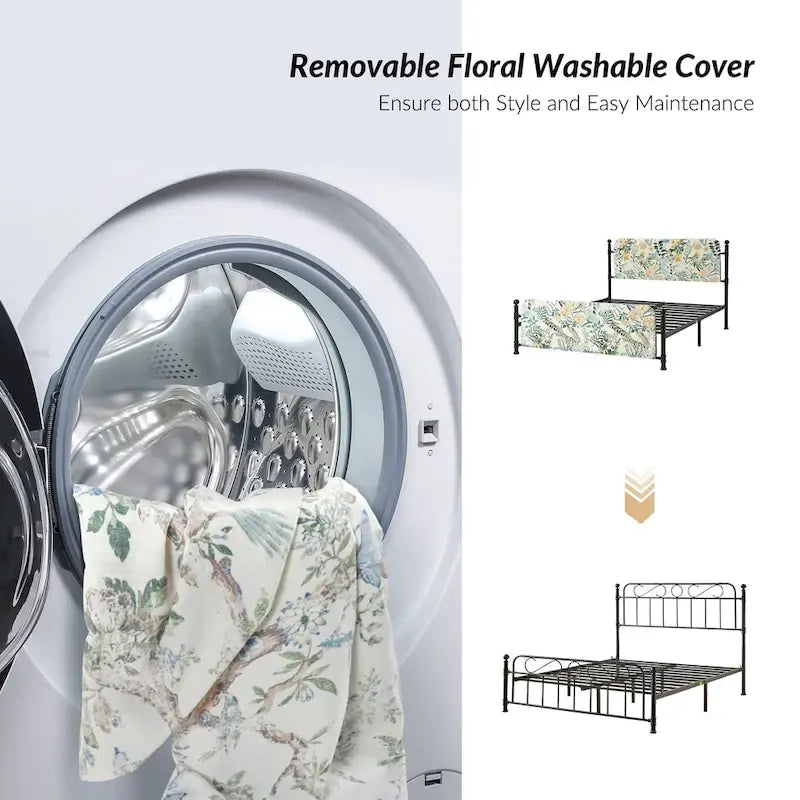 Lit plateforme en métal Diana Transitional 62 à motif floral, avec housse lavable, par HULALA HOME