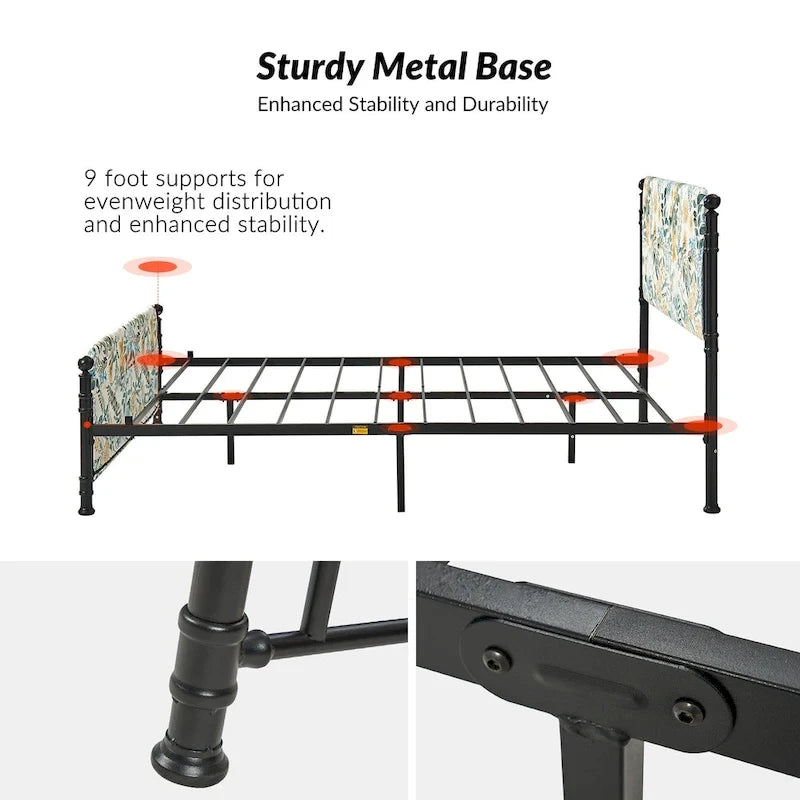 Lit plateforme en métal Diana Transitional 62 à motif floral, avec housse lavable, par HULALA HOME