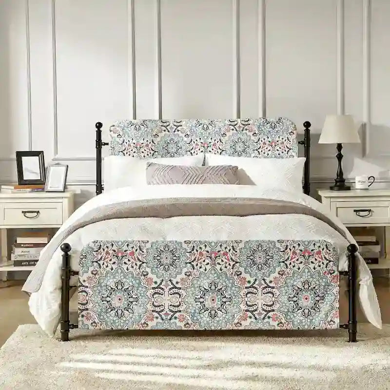 Lit plateforme en métal Diana Transitional 62 à motif floral, avec housse lavable, par HULALA HOME