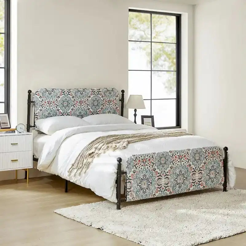 Lit plateforme en métal Diana Transitional 62 à motif floral, avec housse lavable, par HULALA HOME