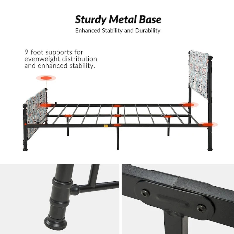 Lit plateforme en métal Diana Transitional 62 à motif floral, avec housse lavable, par HULALA HOME
