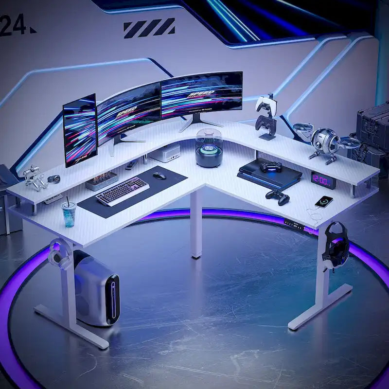 Bureau assis-debout en forme de L de 63 pouces avec support ergonomique pour écran réglable en hauteur et bureau d'angle pour jeux vidéo