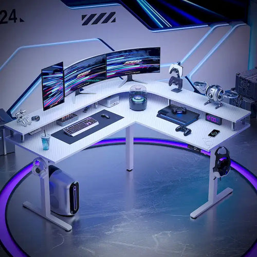 Bureau assis-debout en forme de L de 63 pouces avec support ergonomique pour écran réglable en hauteur et bureau d'angle pour jeux vidéo