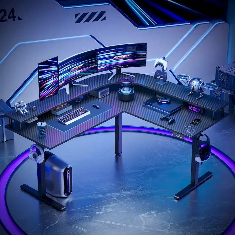 Bureau assis-debout en forme de L de 63 pouces avec support ergonomique pour écran réglable en hauteur et bureau d'angle pour jeux vidéo