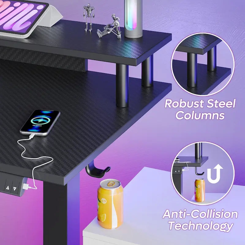 Bureau assis-debout en forme de L de 63 pouces avec support ergonomique pour écran réglable en hauteur et bureau d'angle pour jeux vidéo