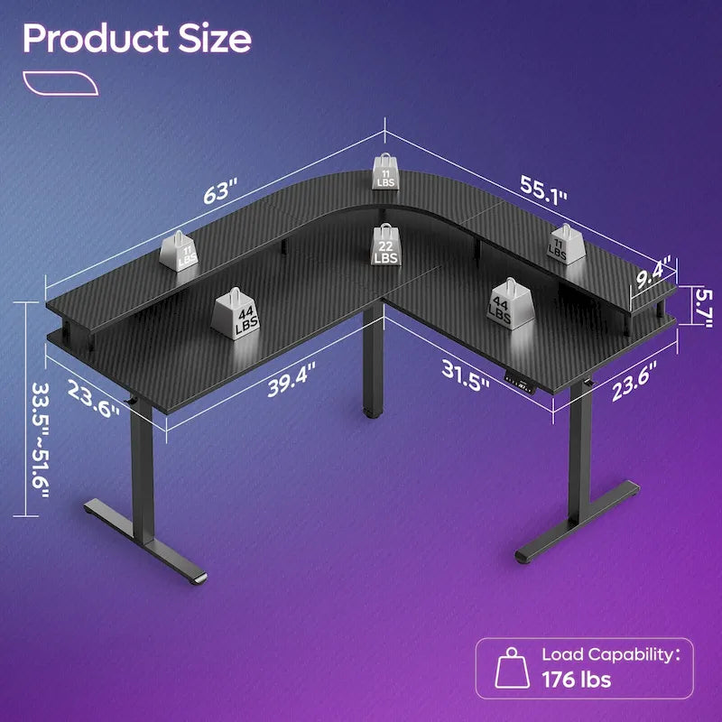 Bureau assis-debout en forme de L de 63 pouces avec support ergonomique pour écran réglable en hauteur et bureau d'angle pour jeux vidéo