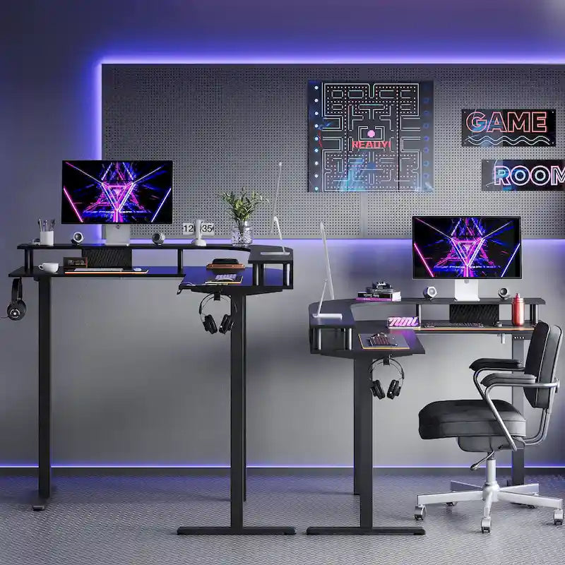 Bureau assis-debout en forme de L de 63 pouces avec support ergonomique pour écran réglable en hauteur et bureau d'angle pour jeux vidéo