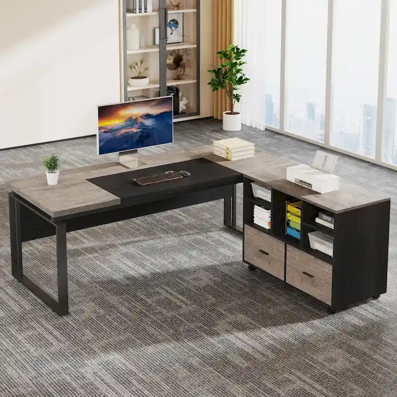 Bureau d'ordinateur en forme de L (63 pouces) avec caisson réversible et tiroirs de rangement pour bureau à domicile