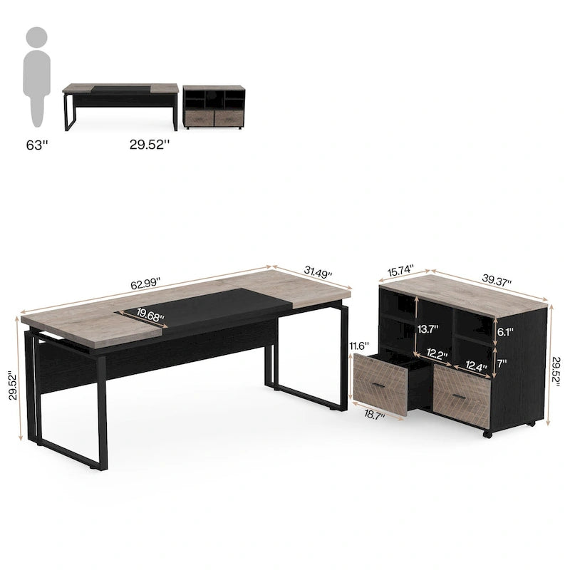 Bureau d'ordinateur en forme de L (63 pouces) avec caisson réversible et tiroirs de rangement pour bureau à domicile