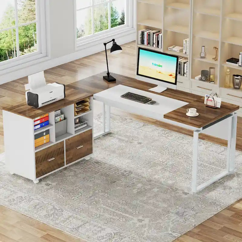 Bureau d'ordinateur en forme de L (63 pouces) avec caisson réversible et tiroirs de rangement pour bureau à domicile