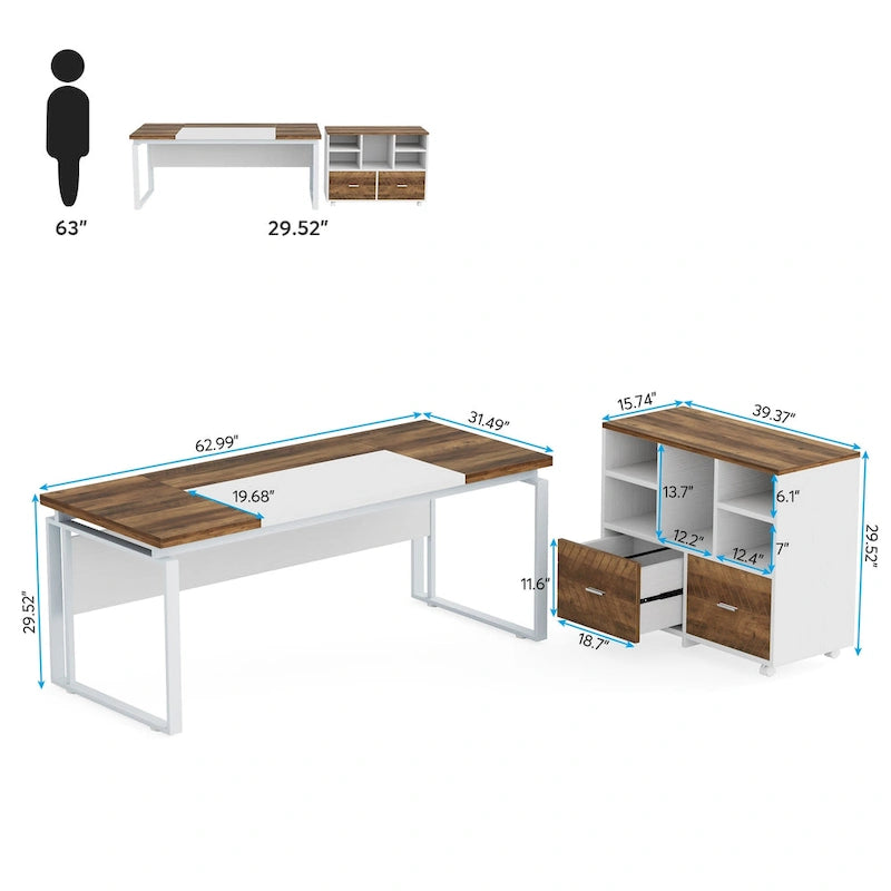 Bureau d'ordinateur en forme de L (63 pouces) avec caisson réversible et tiroirs de rangement pour bureau à domicile