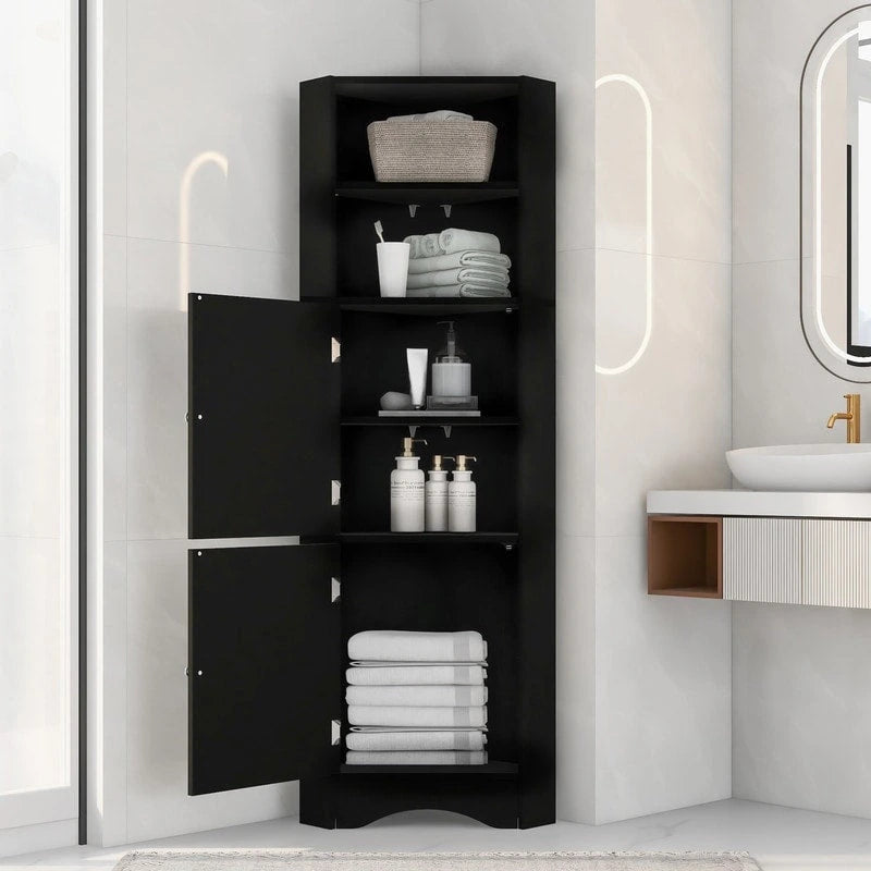 Armoire d'angle haute Home avec 2 portes et 2 niveaux d'étagères extérieures, meuble de rangement autoportant avec étagères réglables