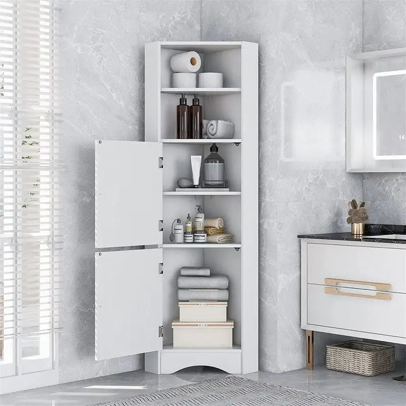 Armoire d'angle haute Home avec 2 portes et 2 niveaux d'étagères extérieures, meuble de rangement autoportant avec étagères réglables