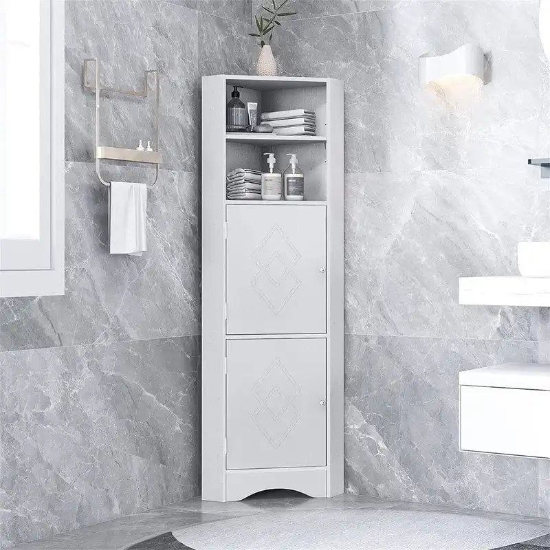 Armoire d'angle haute Home avec 2 portes et 2 niveaux d'étagères extérieures, meuble de rangement autoportant avec étagères réglables
