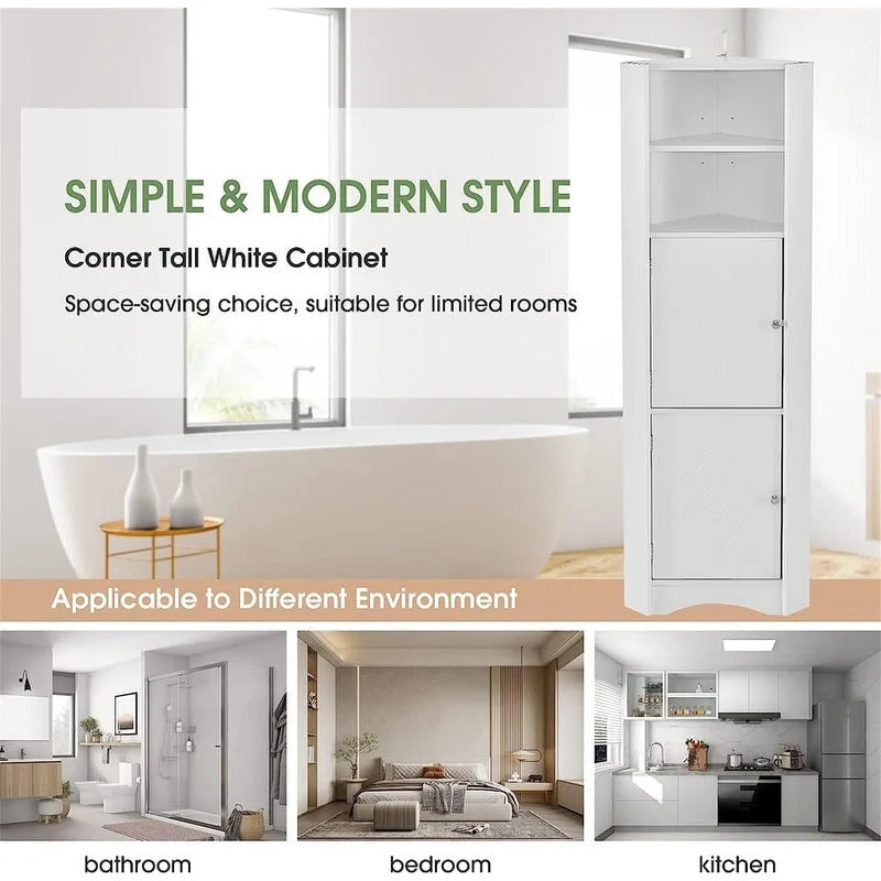 Armoire d'angle haute Home avec 2 portes et 2 niveaux d'étagères extérieures, meuble de rangement autoportant avec étagères réglables