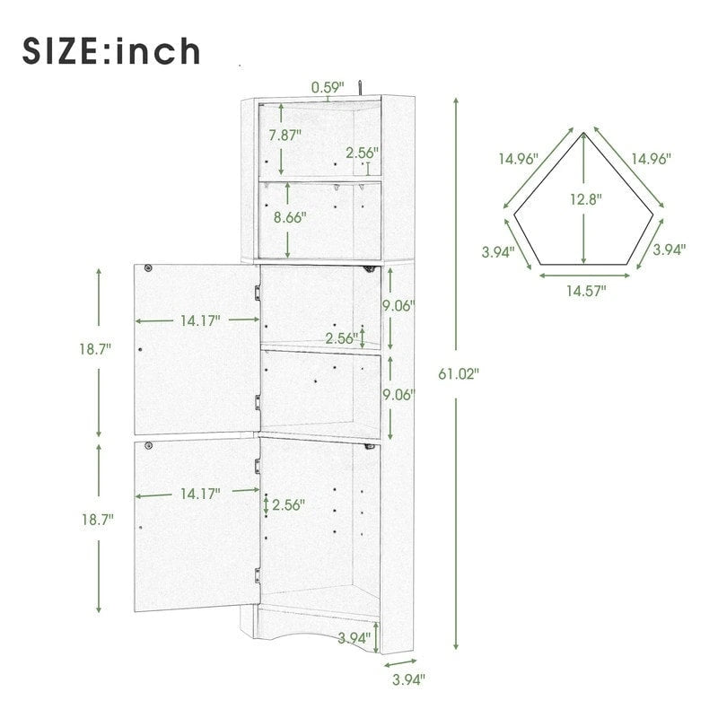 Armoire d'angle haute Home avec 2 portes et 2 niveaux d'étagères extérieures, meuble de rangement autoportant avec étagères réglables