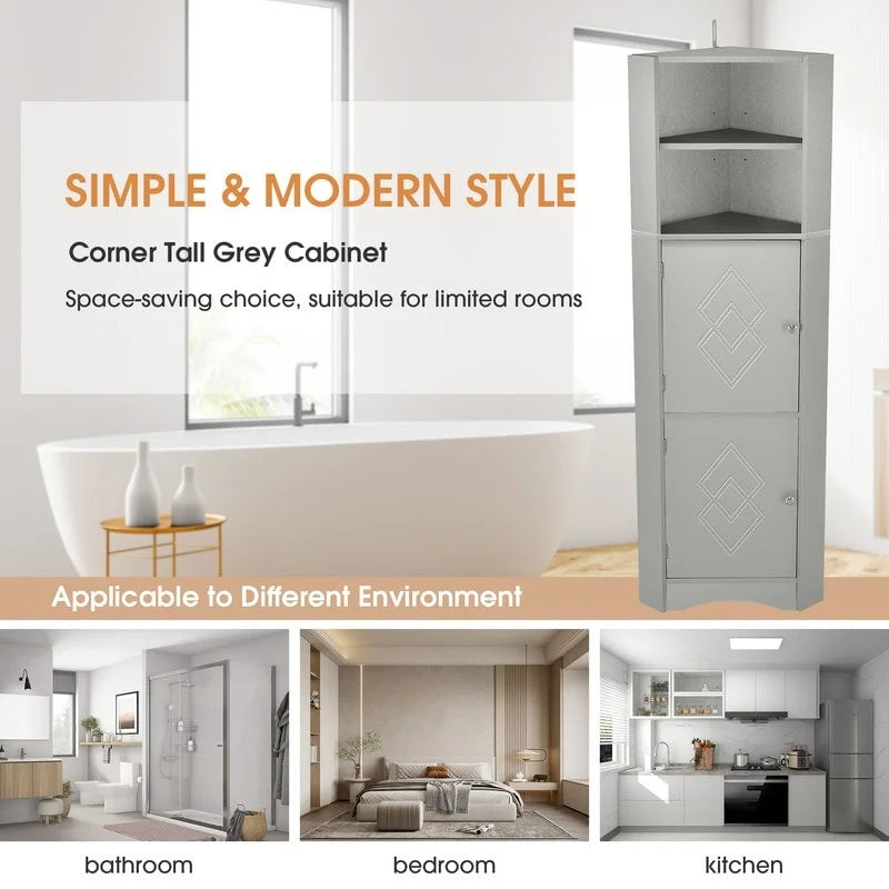 Armoire d'angle haute Home avec 2 portes et 2 niveaux d'étagères extérieures, meuble de rangement autoportant avec étagères réglables