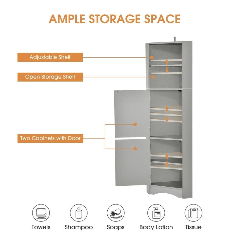 Armoire d'angle haute Home avec 2 portes et 2 niveaux d'étagères extérieures, meuble de rangement autoportant avec étagères réglables