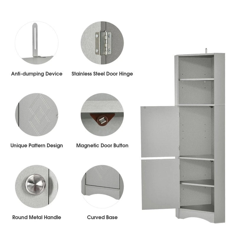 Armoire d'angle haute Home avec 2 portes et 2 niveaux d'étagères extérieures, meuble de rangement autoportant avec étagères réglables