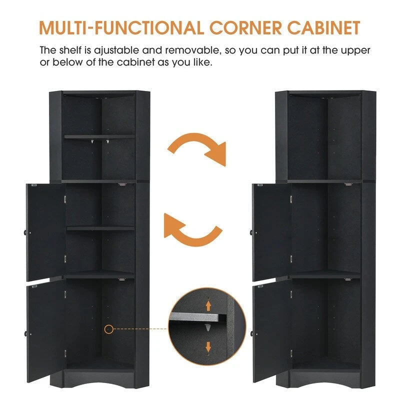 Armoire d'angle haute Home avec 2 portes et 2 niveaux d'étagères extérieures, meuble de rangement autoportant avec étagères réglables
