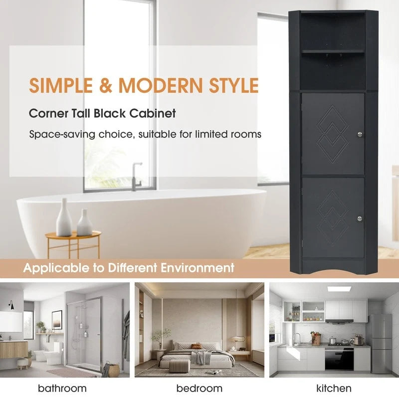 Armoire d'angle haute Home avec 2 portes et 2 niveaux d'étagères extérieures, meuble de rangement autoportant avec étagères réglables