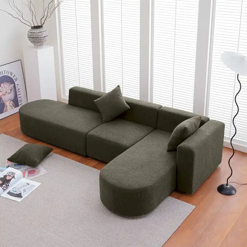 Canapé d'angle moderne en bouclette avec assise incurvée (orienté à droite)