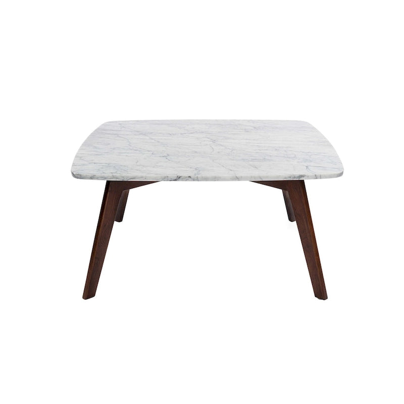Table basse carrée Vezzana 31 en marbre blanc de Carrare italien avec pieds en noyer