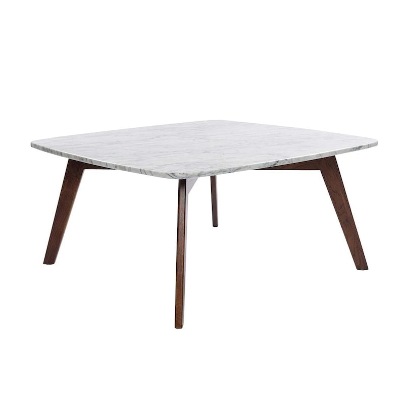 Table basse carrée Vezzana 31 en marbre blanc de Carrare italien avec pieds en noyer
