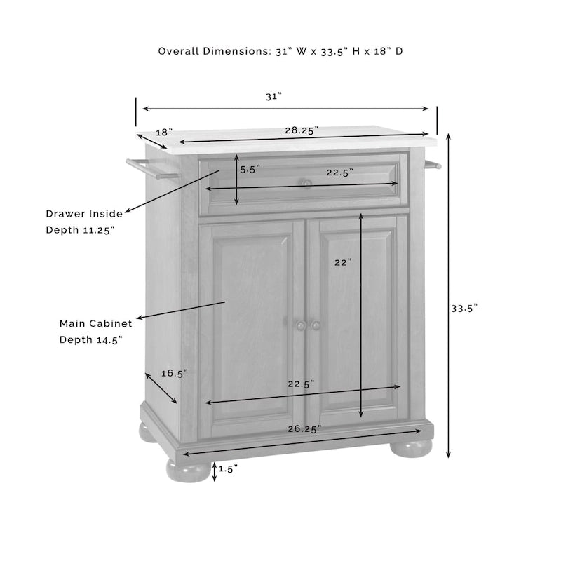 Îlot de cuisine mobile Crosley Alexandria avec plateau en granit massif blanc - 45,7 cm (P) x 78,7 cm (L) x 85,1 cm (H)