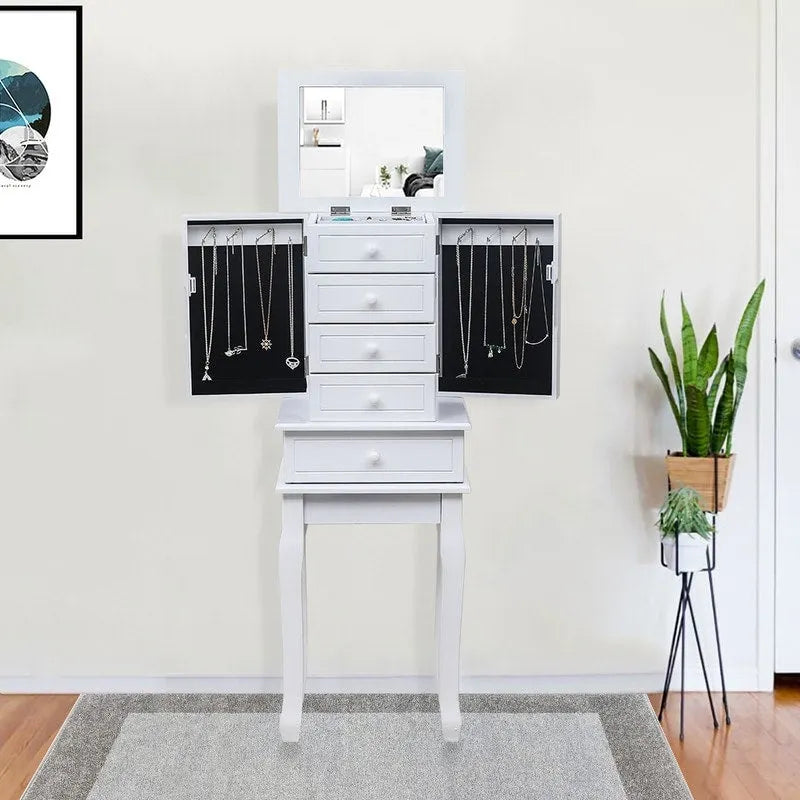 Armoire à bijoux sur pied avec miroir, 5 tiroirs, 8 crochets pour colliers et 2 portes latérales battantes (blanche)