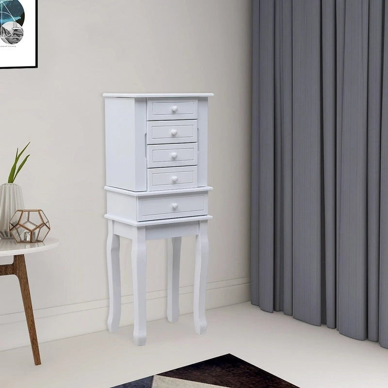 Armoire à bijoux sur pied avec miroir, 5 tiroirs, 8 crochets pour colliers et 2 portes latérales battantes (blanche)