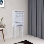 Armoire à bijoux sur pied avec miroir, 5 tiroirs, 8 crochets pour colliers et 2 portes latérales battantes (blanche)
