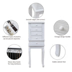 Armoire à bijoux sur pied avec miroir, 5 tiroirs, 8 crochets pour colliers et 2 portes latérales battantes (blanche)