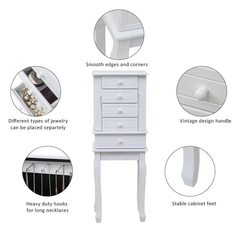 Armoire à bijoux sur pied avec miroir, 5 tiroirs, 8 crochets pour colliers et 2 portes latérales battantes (blanche)