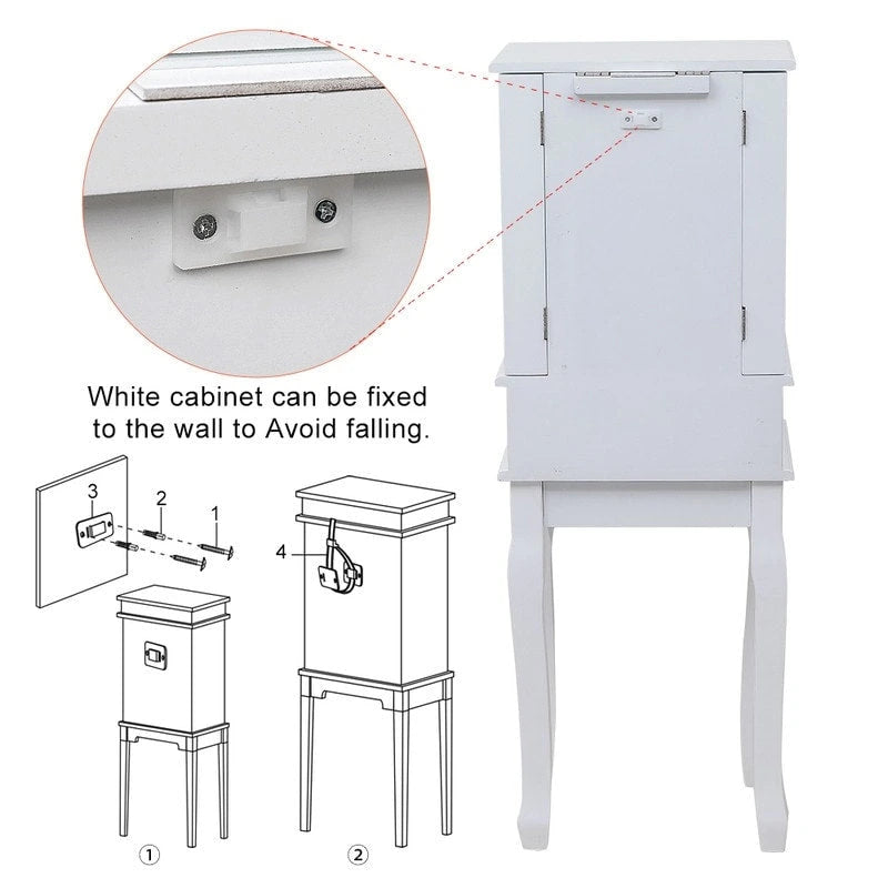 Armoire à bijoux sur pied avec miroir, 5 tiroirs, 8 crochets pour colliers et 2 portes latérales battantes (blanche)